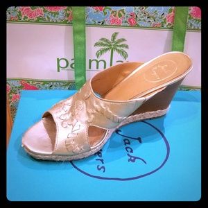 Jack Rogers Sophia wedge heel platinum sandal.